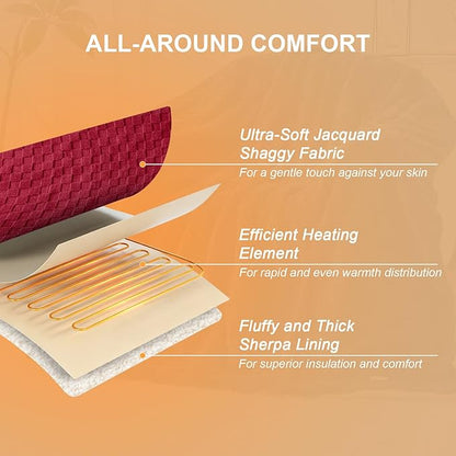 Electric Heated Blanket Queen Size Dual Control - Jacquard Checkered Sherpa 84"x90" Fast Heating Bed Blankets with 6 Heating Levels & 10 Hours Auto Off, Over-Heat Protection ETL, Red