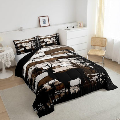 Feelyou Deer Hunting Bedding Set Wild Animal Comforter Set for Kids Boys Girls Rustic Farmhouse Comforter Retro Cabin Quilt Set Bedroom Collection 3Pcs Queen Size