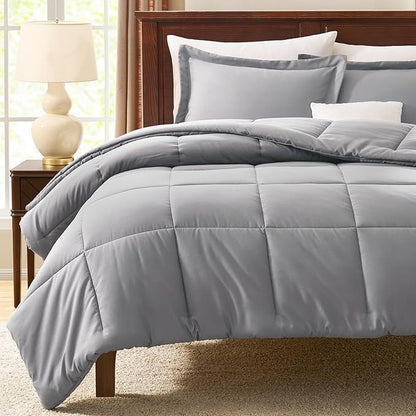 CozyLux Queen Comforter Set - Grey Comforters Queen Size, 3 Pieces Box Stitched Bed Set for All Seasons, Soft Lightweight Bedding Sets with 1 Down Alternative Comforter and 2 Pillow Shams
