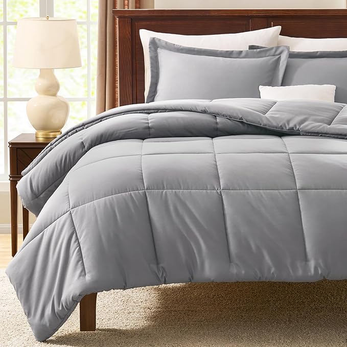 CozyLux Full Size Comforter Sets - Grey Comforter Full Size, 3 Pieces Box Stitched Bed Set for All Seasons, Soft Lightweight Bedding Sets with 1 Down Alternative Comforter and 2 Pillow Shams