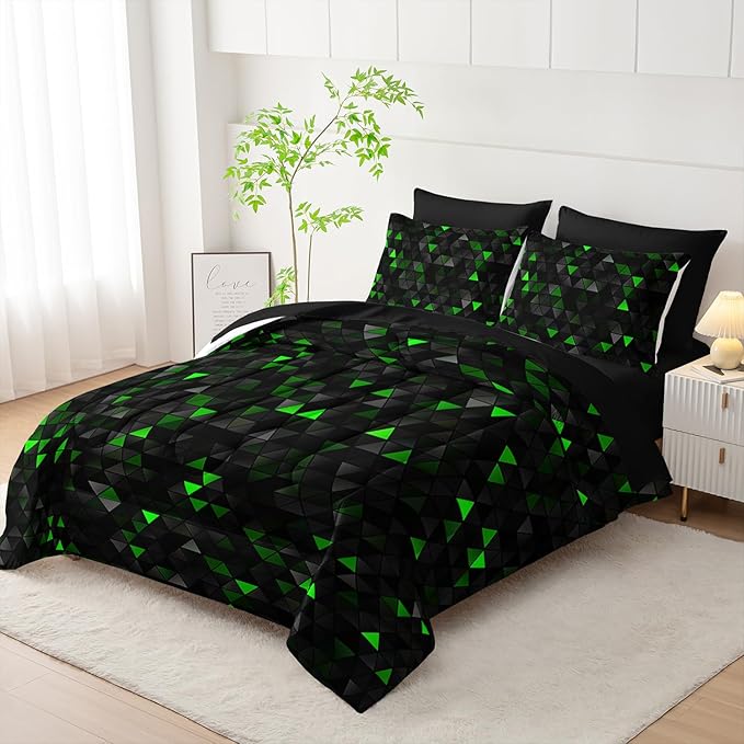 Geometric Green Black Triangle Twin Size Comforter Set,Light Honeycomb Bedding Set 7 Piece in A Bag,Bed Sheet Set Geometry Decor,Microfiber Lightweight All Season