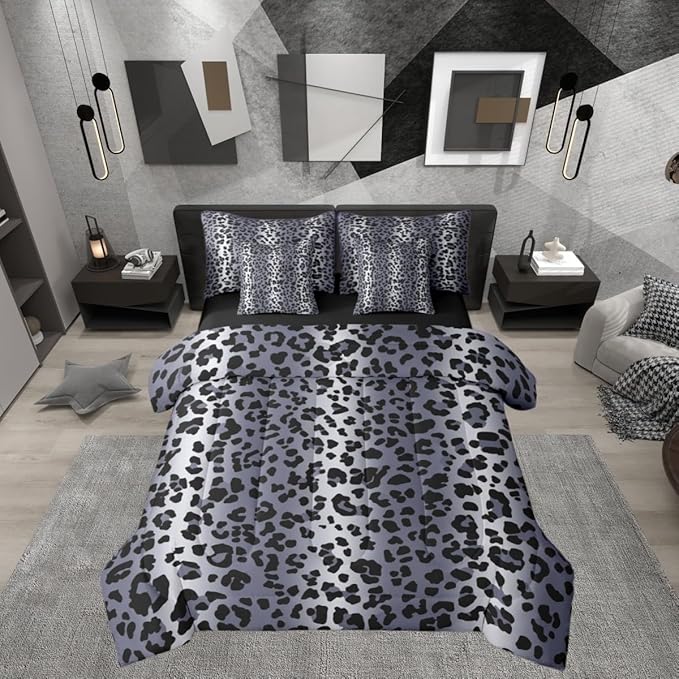 Erosebridal Blue Grey Cheetah Ombre Fur 7 Piece Bedding Set Twin | Leopard Print Comforter Set with Sheets Women Men Adults Bed in A Bag Wild Animal Skin Pattern Bed Sets
