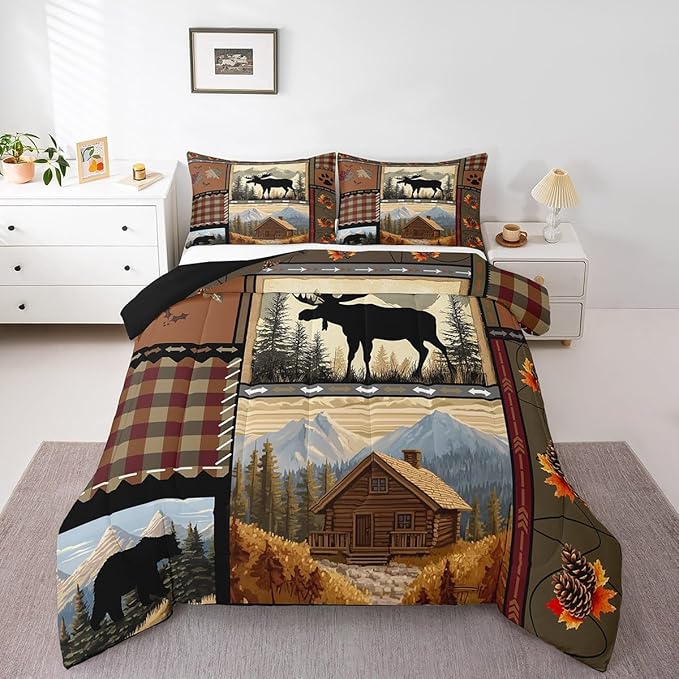 Feelyou Hunting Bear Deer Comforter Full Size Wild Animal Comforter Set for Boys Girls Children Rustic Cabin Country Bedding Set Room Decor Bear Western Farmhouse Duvet Set 3Pcs
