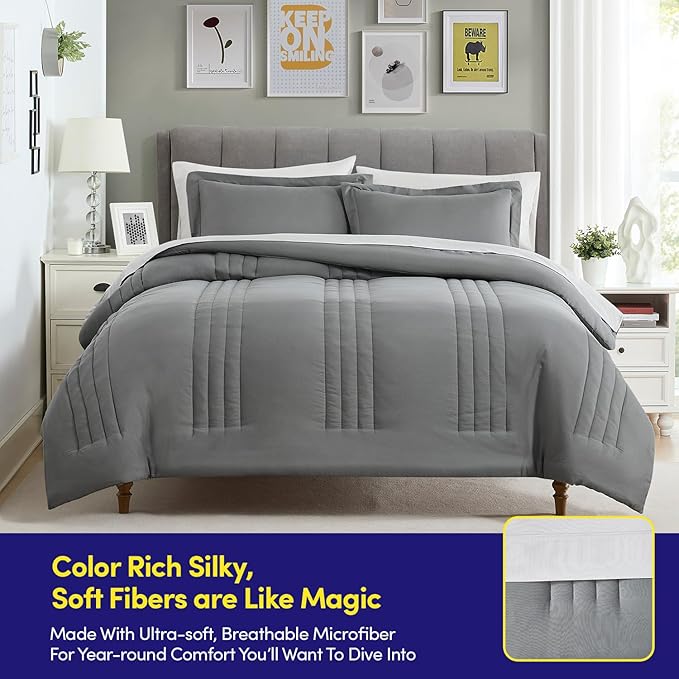 Queen Comforter Set Quilted Stripe Bedding Bundle – Stylish Set with Comforter, Mattress Protector, Sheet Set & Pillow Shams — Sophisticated Striped Design for Home & Guest Rooms, Gray/Silver