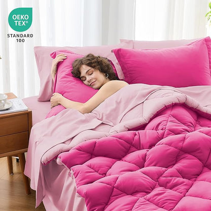 MUXHOMO 7 Pieces Oversized Queen Comforter Set, Reversible Bed in a Bag Oversized Queen Size, All Season Bedding Set with Comforter, Flat Sheet, Fitted Sheet, Pillowcases & Shams, Hot Pink & Baby Pink