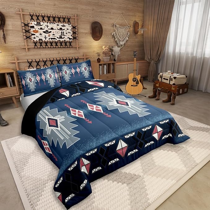 Erosebridal Southwestern Aztec Toddler Bedding Set, Rustic Western Comforter Set, Exotic American Native Quilt for Boys Teens Men Bedroom, Vintage Bohemian Geometric Bedding Comforter Sets, Dark Blue