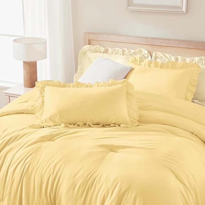 Andency Yellow Ruffle Comforter Queen(90x90Inch), 3 Pieces(1 Ruffled Comforter and 2 Pillowcases) Solid Farmhouse Shabby Chic Bed, Vintage Rustic Soft Microfiber Bedding Set