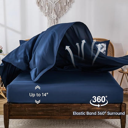 Luxudecor Blue Comforter Set King Size 7 Pieces,Boho Aztec Comforter with Sheet Set,Geometric Striped Pattern Bed in a Bag,Soft Microfiber Bed Set 104"x90"
