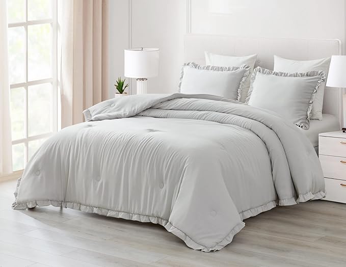 Chezmoi Collection Nora Light Gray Comforter Set King Size 3-Piece Fluffy Soft Stone-Washed Ruffled Shabby Chic Bedding for All Season