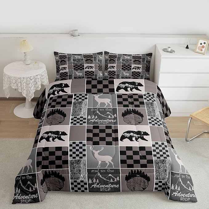 Cabin Bear Deer Comforter Set For Boys, Rustic Retro Country Animal Quilt Full Size, Hunting Camper Lodge Bedding Comforter Sets Adventure Vintage Western Farmhouse Duvet Insert, Brown Gray Black