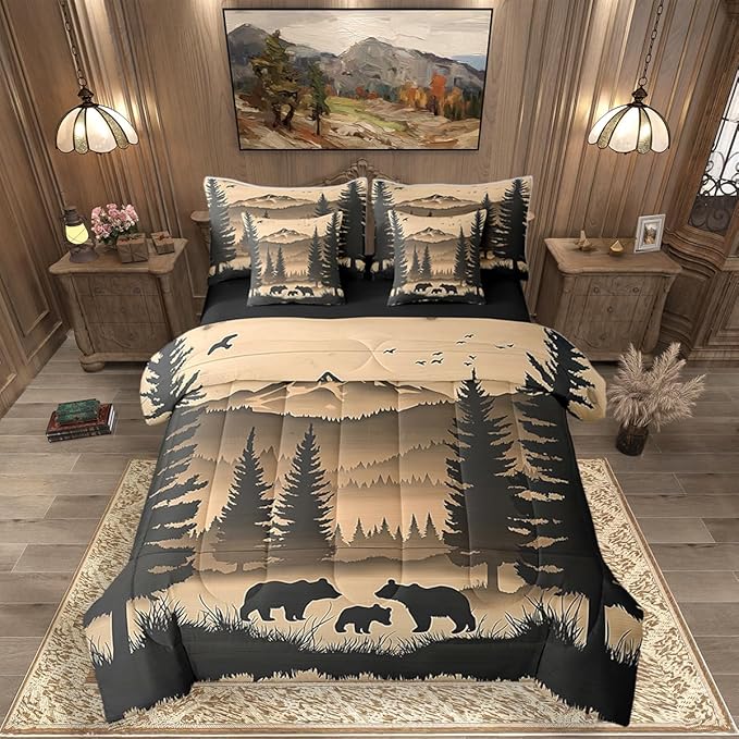 Erosebridal Full Size Rustic Cabin Lodge Bedding Set 7 Pieces | Bear Comforter Set with Sheets for Kids Boys Girls Forest Hunting Bear Bed in A Bag with Flat Fitted Sheets Pine Tree Woodland Quilt