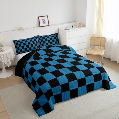 Feelyou Checkered Bedding Set Teen Women Men Blue Black Plaid Comforter Set Twin Size Kids Boys Girls Cute Retro Neutral Checkerboard Geometric Duvet Insert Vintage Aesthetic Room Decor