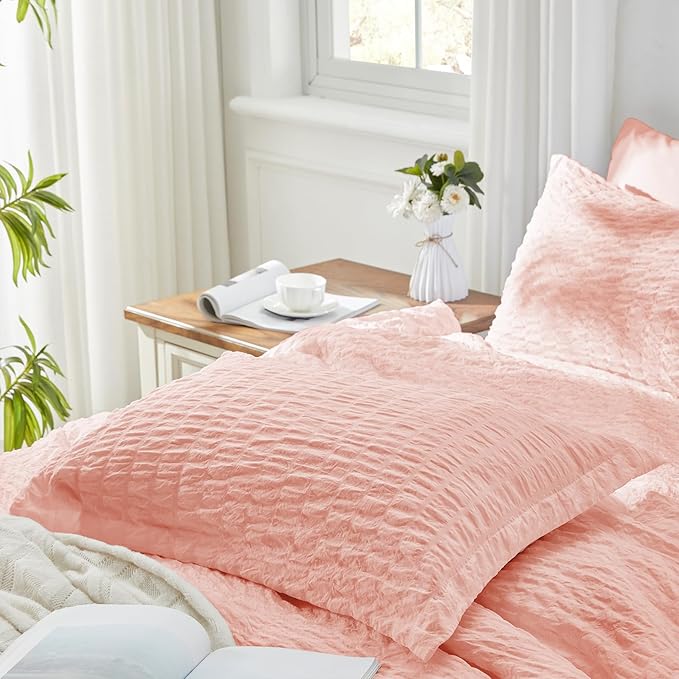 Zzlpp King Comforter Set 7 Pieces, Pink Seersucker Bed in a Bag with Comforter and Sheets, All Season Bedding Sets with 1 Comforter, 2 Pillow Shams, 2 Pillowcases, 1 Flat Sheet