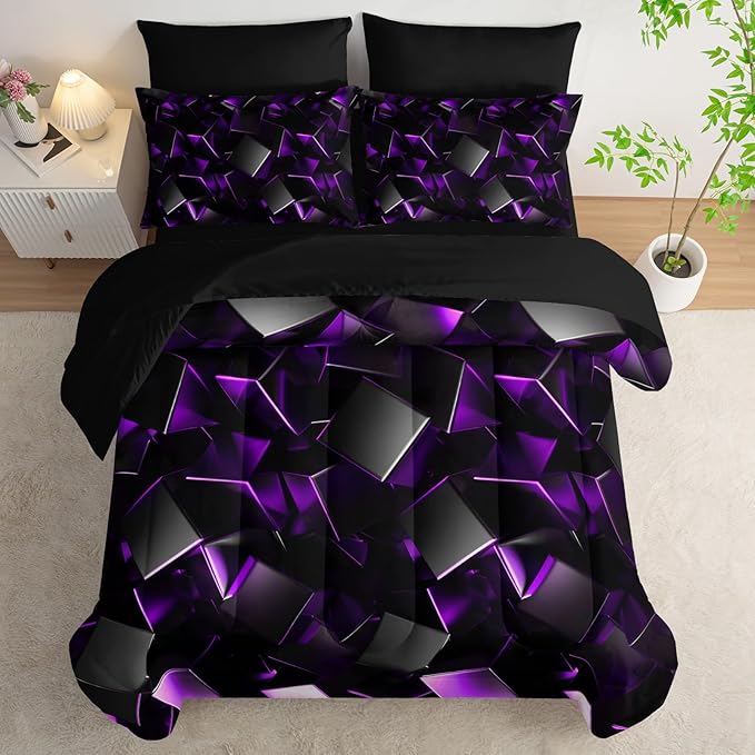 Purple and Black Geometric Comforter Set King Size 7PCS,Abstract Triangular Printed Bedding Set for Adults,Geometric Mordern Art Decor All Seasons with Pillowcases,Flat, Fitted Sheet