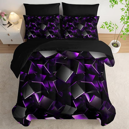Purple and Black Geometric Comforter Set King Size 7PCS,Abstract Triangular Printed Bedding Set for Adults,Geometric Mordern Art Decor All Seasons with Pillowcases,Flat, Fitted Sheet