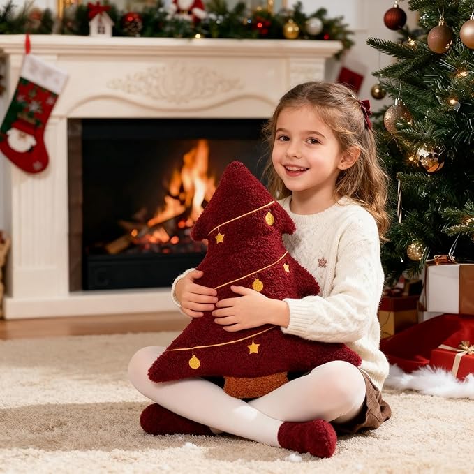 Artmag Christmas Pillow, Decorative Christmas Tree Pillow Stuffed Tree Shaped Embroidered Star Ball Bedroom Xmas Plush for Party Home Decorations 15.5" x 14.5" Red
