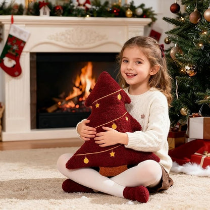 Artmag Christmas Pillow, Decorative Christmas Tree Pillow Stuffed Tree Shaped Embroidered Star Ball Bedroom Xmas Plush for Party Home Decorations 15.5" x 14.5" Red