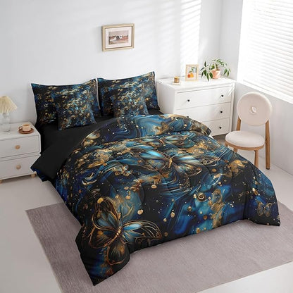 Erosebridal Blue and Gold Marble Comforter Set Full with Sheets,Gradient Abstract Bedding Set 7 Piece Boho Room Decor,Trippy Butterfly Bed in a Bag with Fitted Sheet,Flat Sheet,Pillowcases & Shams