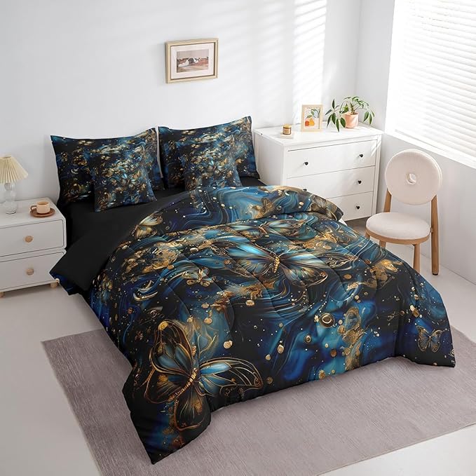 Erosebridal Blue and Gold Marble Comforter Set King with Sheets,Gradient Abstract Bedding Set 7 Piece Boho Room Decor,Trippy Butterfly Bed in a Bag with Fitted Sheet,Flat Sheet,Pillowcases & Shams