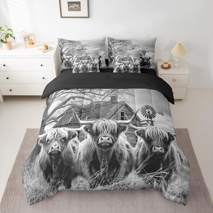 Erosebridal Highland Cow Twin Bedding Set - Cow Print Bed in A Bag,Western Rustic Comforter Sets with Sheets, Farmhouse Cabin Decor 7 Pieces Bed Set for Boys Girls Kids Room Decor