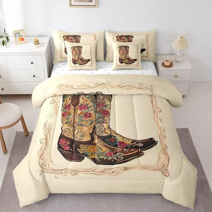 Erosebridal Western Cowboy 7 Piece Comforter Set Full | Retro Cowboy Boots Bed in A Bag Country Bohemian Floral Sheet Set Reversible Abstract Hippy Fitted Sheet Breathable Lightweight