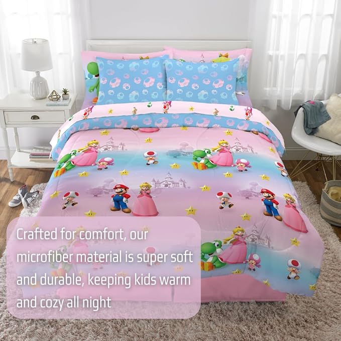 Super Mario Girl Princess Peach Girl Gamer Kids Bedding Super Soft & Cozy Reversible Microfiber Comforter and Sheet Set with Sham, 7 Piece Queen Size, (Officially Licensed Product) by Franco