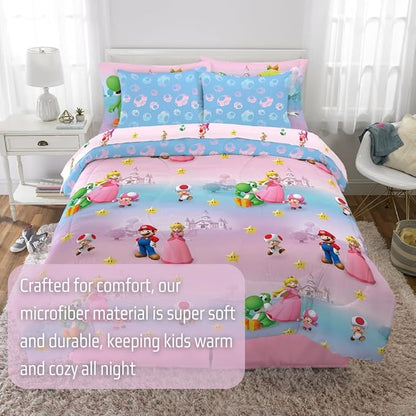 Super Mario Girl Princess Peach Girl Gamer Kids Bedding Super Soft & Cozy Reversible Microfiber Comforter and Sheet Set with Sham, 7 Piece Queen Size, (Officially Licensed Product) by Franco