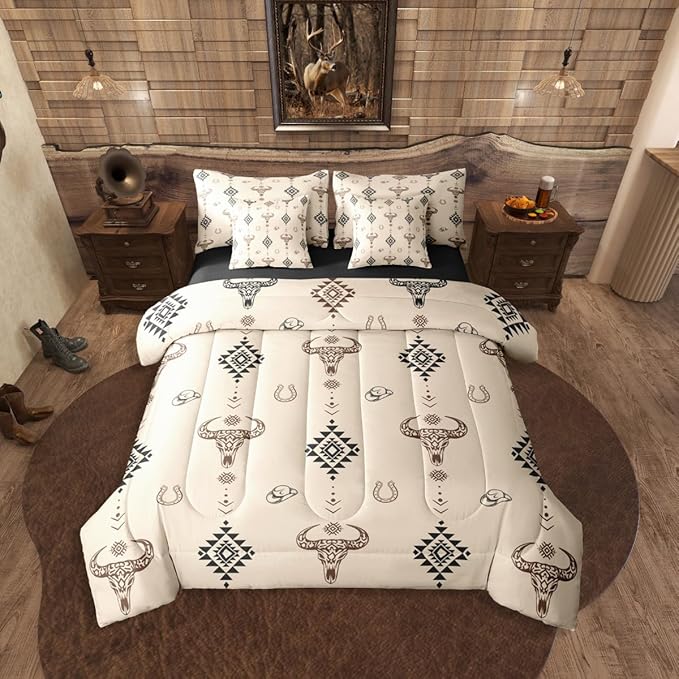 Erosebridal Cowboy Hat 7 Piece Bedding Set Queen Bull Skull Comforter Set with Sheets Cowboy Hat Dot Western Beige Aztec Bed in a Bag Horseshoe Geometric Boho Arrow for Teens Men Women