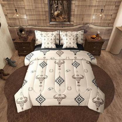 Erosebridal Cowboy Hat 7 Piece Bedding Set Queen Bull Skull Comforter Set with Sheets Cowboy Hat Dot Western Beige Aztec Bed in a Bag Horseshoe Geometric Boho Arrow for Teens Men Women