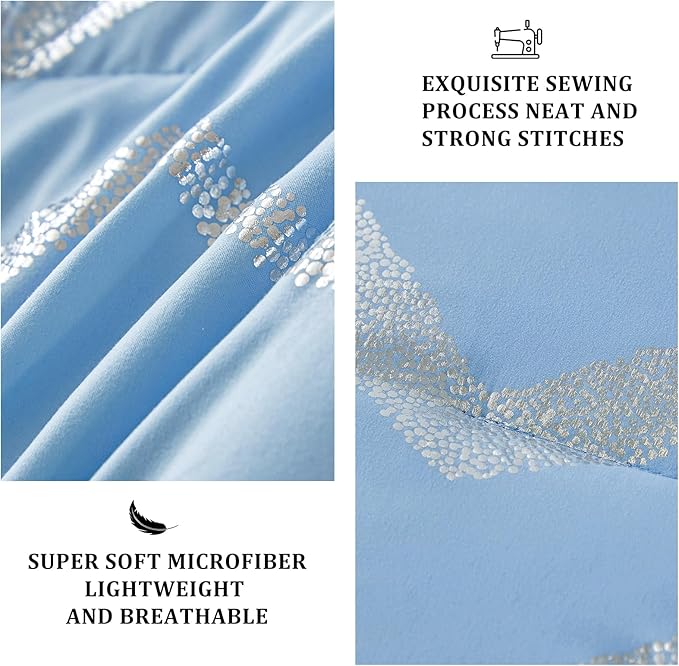 Menghomeus Blue/Silver Comforter Set Queen/Full Size Metallic Print Glitter Bed Comforter Cute Shinny Bedding for Teen Girls Kids Women, 4 Piece (2 Pillowcases, 1 Decorative Pillow Sham)