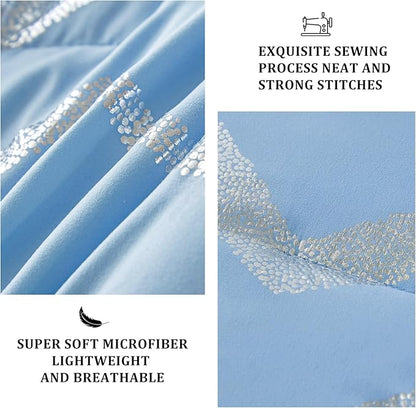 Menghomeus Blue/Silver Comforter Set Twin/Twin XL Size Metallic Print Glitter Bed Comforter Cute Shinny Bedding Sets for Teen Girls Kids, 3 Piece (1 Pillowcase, 1 Decorative Pillow Sham)