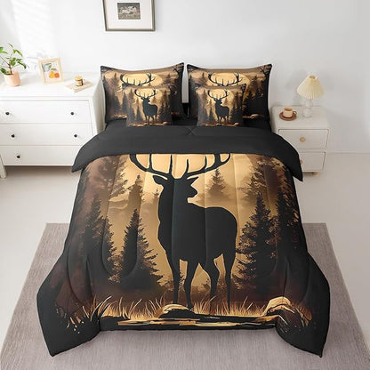 Erosebridal 7 Pieces Deer Silhouette Bedding Set Full Size for Men - Woodland Hunting Deer Comforter Set with Sheets for Kids Boys Girls Rustic Farmhouse Cabin Bed in A Bag Brown Black Animal Decor