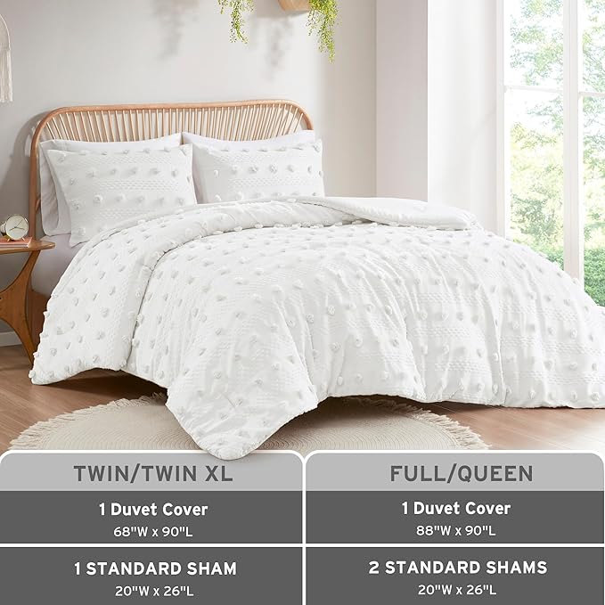 Intelligent Design Twin Duvet Cover Set, Clipped Jacquard Duvet Set Chic Pompoms Accent, All Seasons Lightweight Microfiber Bed Cover for Comforter with 1 Sham, Lucy, Twin/Twin XL Ivory 2 Piece