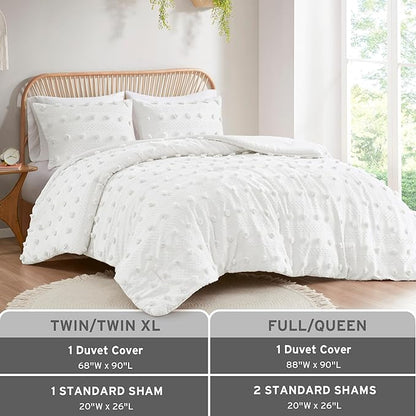 Intelligent Design Queen Duvet Cover Set, Clipped Jacquard Duvet Set Chic Pompoms Accent, All Seasons Lightweight Microfiber Bed Cover for Comforter with 2 Shams, Lucy, Full/Queen Ivory 3 Piece