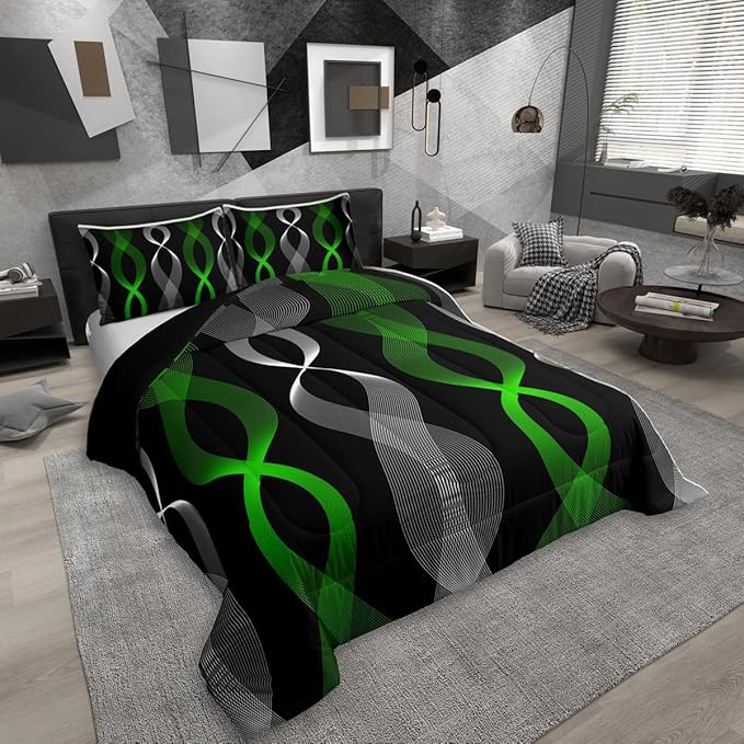 Erosebridal Green and Black Abstract Comforter Set Toddler, Green Striped Bedding Set, Contemporary Boho Modern Art Comforter, Gradient Geometric Stripes Aesthetic Line Quilt for Men Adults Bedroom