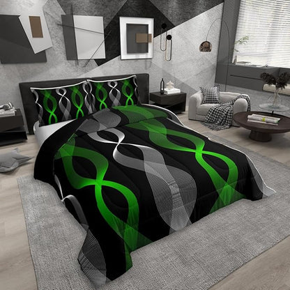 Erosebridal Green and Black Abstract Comforter Set Full, Green Striped Bedding Set, Contemporary Boho Modern Art Comforter, Gradient Geometric Stripes Aesthetic Wavy Line Quilt for Men Adults Bedroom
