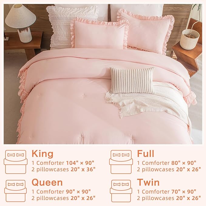 Masaca Kids Twin Ruffle Comforter Set - Shabby Boho Chic Farmhouse Rustic Bedding - 3-Piece Set (1 Ruffled Blush Comforter, 2 Pillowcases)