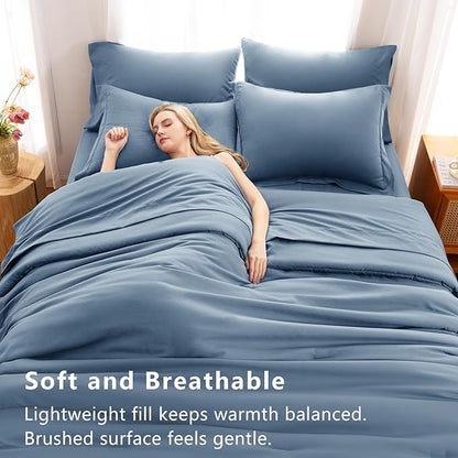 CozyLux Full Comforter Set Grayish Blue, 7 Pieces Bed in a Bag Bedding Comforter Set with Sheets, All Season Boho 7PC Bed Sets with Comforter, Fitted Sheets, Flat Sheets, Pillow Shams and Pillowcases
