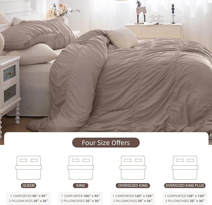 Lady Ann 128x120 Bed Comforter Set Camel Ruched Oversized King Boho Bedding Comforter Set for Bedroom Ultra Soft & Luxurious 3 Piece Fluffy Bed Sets