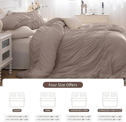 Lady Ann King Bed Comforter Set Camel Ruched King 106"*95" Boho Bedding Comforter Set for Bedroom Ultra Soft & Luxurious 3 Piece Fluffy Bed Sets