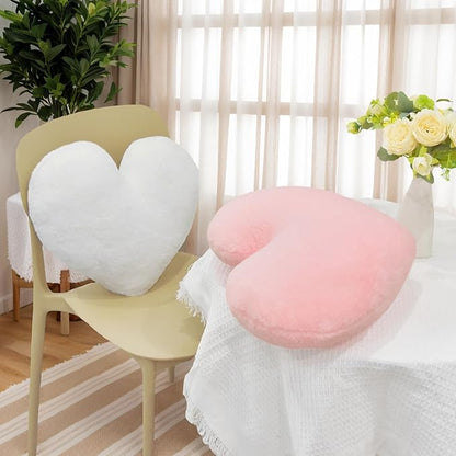 2 Pcs Heart Pillow Decorative Throw Pillows 16-inch Cute Soft Fluffy Heart Shaped Pillows for Bed Couch Sofa Bedroom Living Room Decor Aesthetic (White & Light Pink, 16"x13.78")
