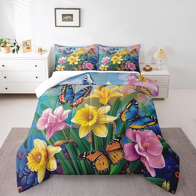 Erosebridal Garden Daffodil Comforter Set Country Farmhouse Bedding Set Queen Colorful Butterfly Floral Bedding Comforter Sets for Kids Girls Adult Spring Blossom Flower Bed Set Rustic Cabin Decor
