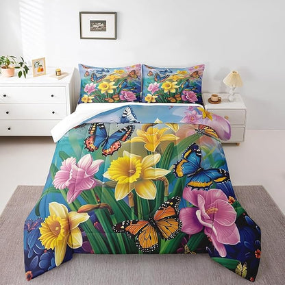 Erosebridal Garden Daffodil Comforter Set Country Farmhouse Bedding Set Queen Colorful Butterfly Floral Bedding Comforter Sets for Kids Girls Adult Spring Blossom Flower Bed Set Rustic Cabin Decor