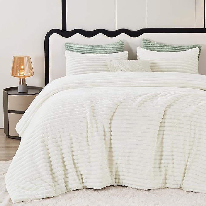 CozyLux Fluffy Full Size Comforter Sets - Super Soft Faux Fur Cream White Comforter Full Size, Winter Warm Fleece Bedding Set, 3 Pieces Plush Fuzzy Bed Set (1 Shaggy Comforter, 2 Pillowcases)