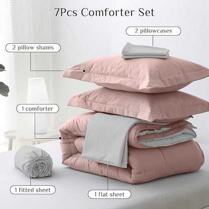 JOLLYVOGUE King Comforter Set, Ultra-Soft Bed in a Bag King Size 7 Pieces, Oeko-TEX Certified Bedding Set with Down Alternative Comforter, Sheets, Pillowcases & Shams, Pink & Light Grey