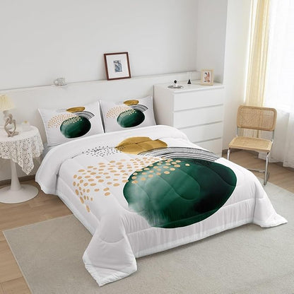 Abstract Artwork Comforter Set King Geometric Circle Bedding Set, Aesthetic Minimalist Bedding Comforter Sets Blackish Green Turqoise Duvet Sets, Beige White Quilted Comforter Cozy Soft 3pcs