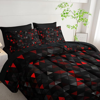 Geometric Red Black Triangle Twin Size Comforter Set,Light Honeycomb Bedding Set 7 Piece in A Bag,Bed Sheet Set Geometry Decor,Microfiber Lightweight All Season