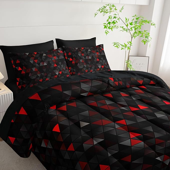 Geometric Red Black Triangle Full Size Comforter Set,Light Honeycomb Bedding Set 7 Piece in A Bag,Bed Sheet Set Geometry Decor,Microfiber Lightweight All Season
