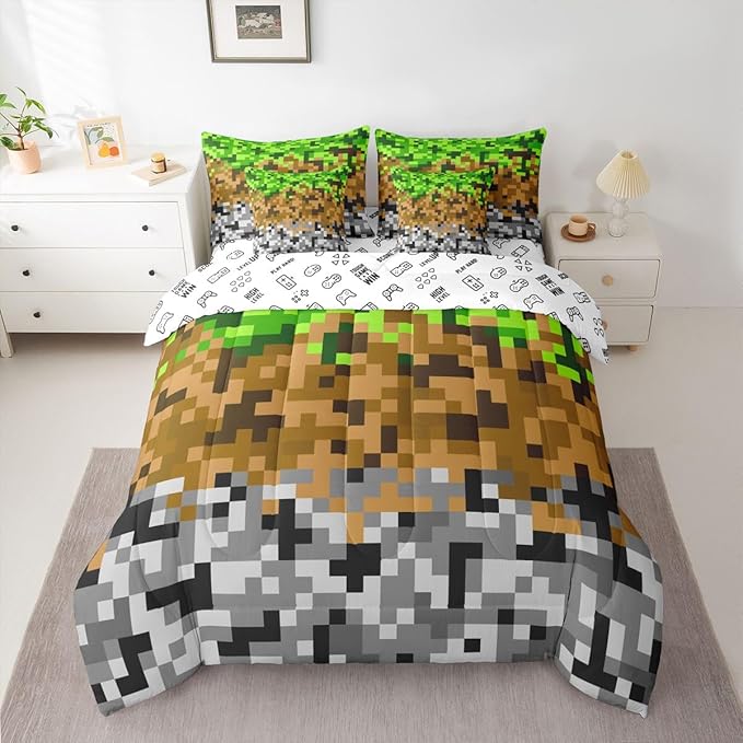 Pixelated Miners Gaming 7pcs Comforter Set King Size,Green Brown Grey Bedding Sets Kids Boys Teens Room Decor,Geometric Block Flat + Fitted Sheet Construct Theme Games 2 Cushion Cover,2 Pillowcase