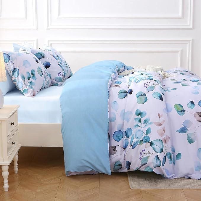 MUXHOMO Full Comforter Set, Blue Elegant Floral Print Bed in a Bag 7 Pieces, Ultra Soft & Breathable Reversible Botanical Pattern Bedding Set with Comforter, Sheets, Pillowcases, and Shams